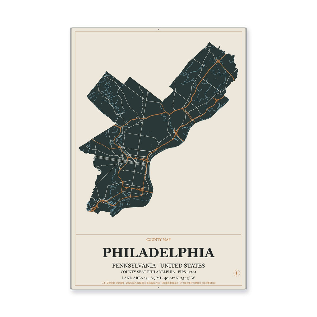 Philadelphia County, Pennsylvania Map Aluminum Sign in Headline Atlas style