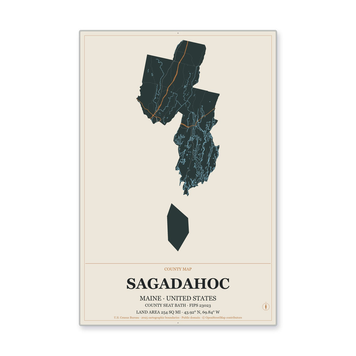 Sagadahoc County, Maine Map Aluminum Sign in Headline Atlas style