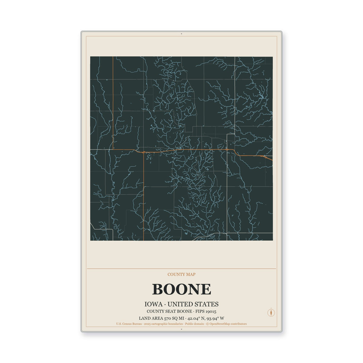 Boone County, Iowa Map Aluminum Sign in Headline Atlas style