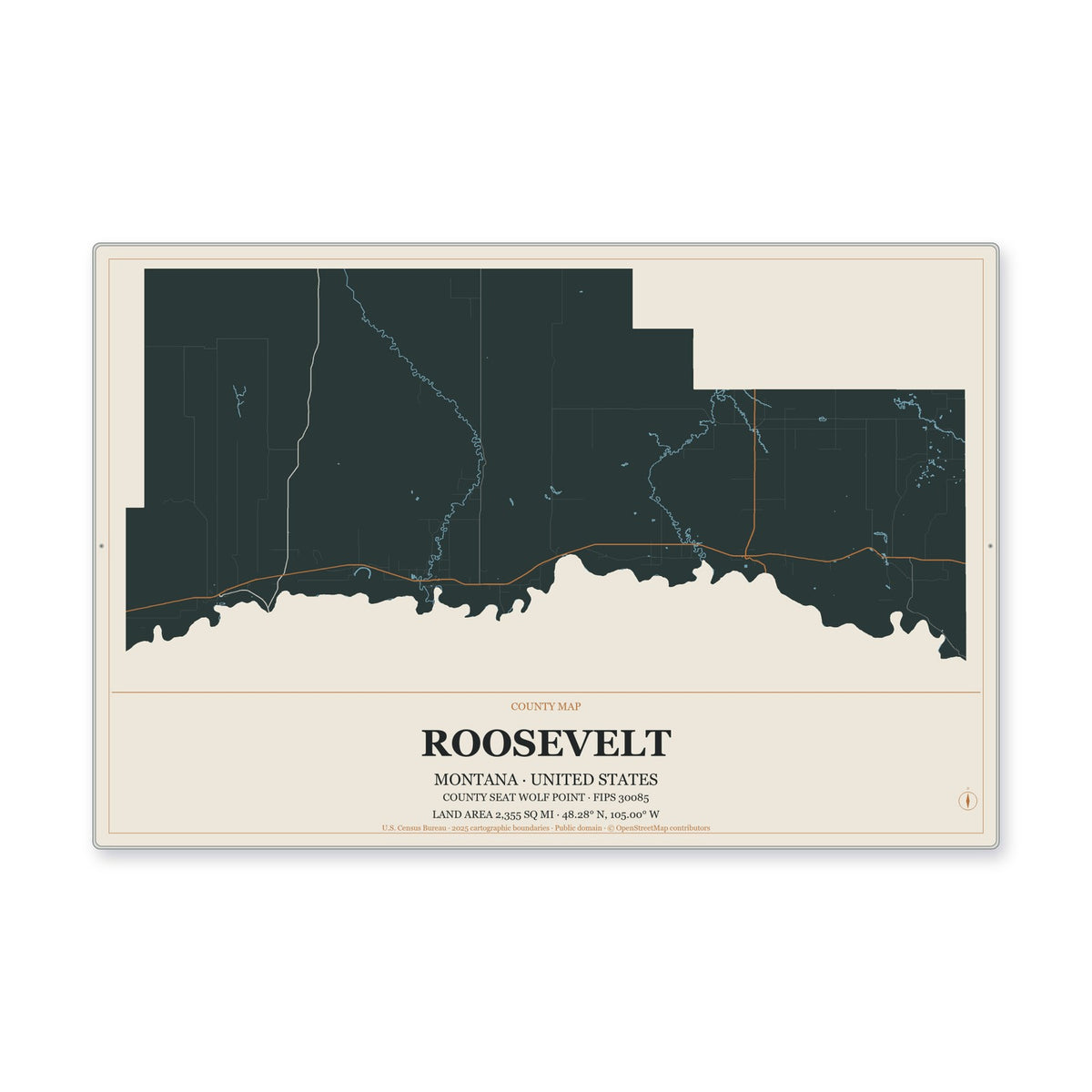Roosevelt County, Montana Map Aluminum Sign in Headline Atlas style