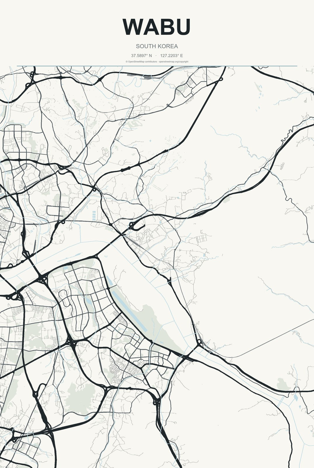 Wabu, South Korea City Map Aluminum Sign in Headline Atlas style