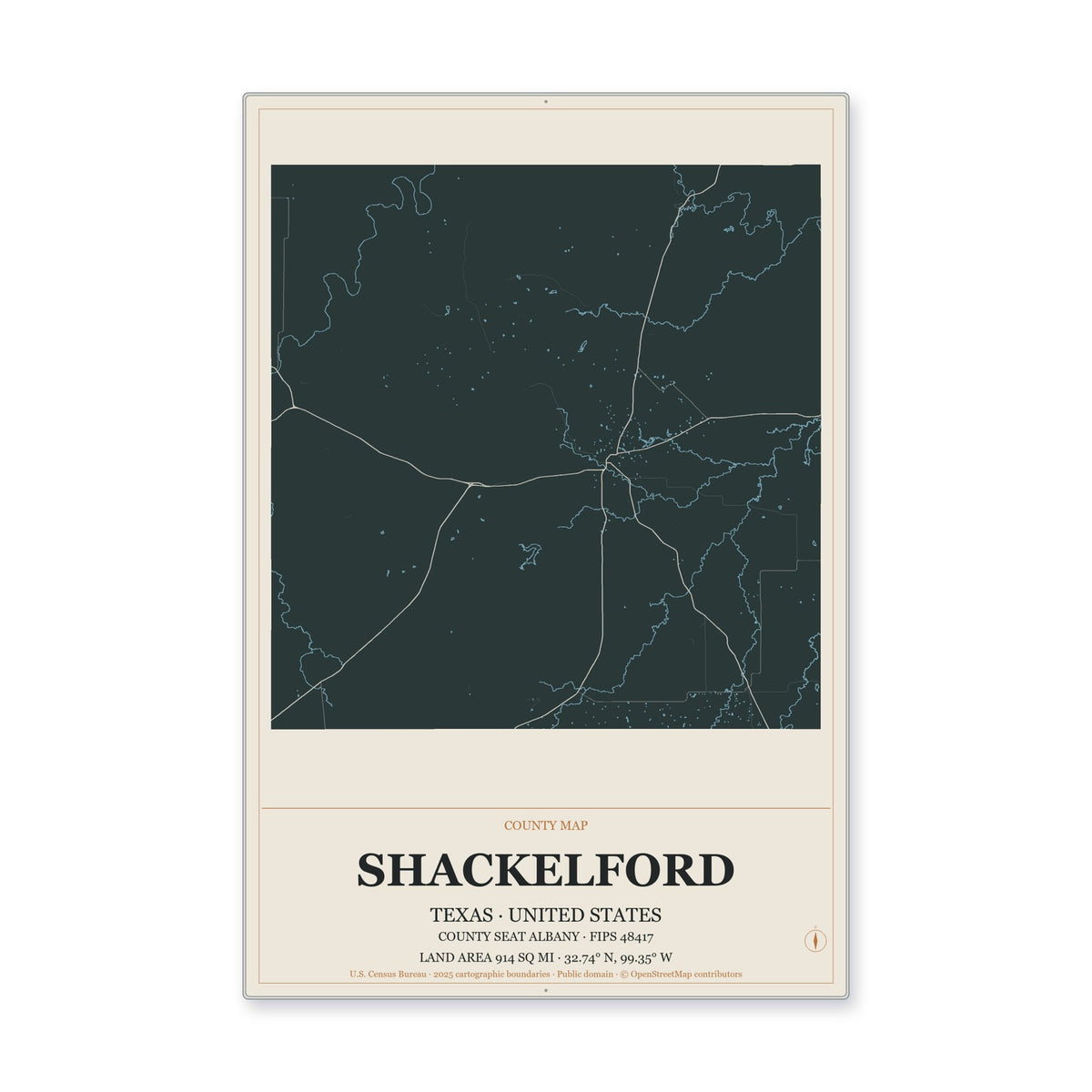 Shackelford County, Texas Map Aluminum Sign in Headline Atlas style