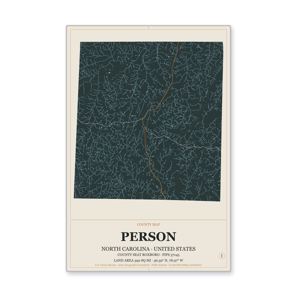 Person County, North Carolina Map Aluminum Sign in Headline Atlas style
