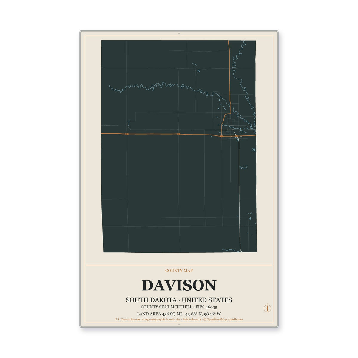 Davison County, South Dakota Map Aluminum Sign in Headline Atlas style