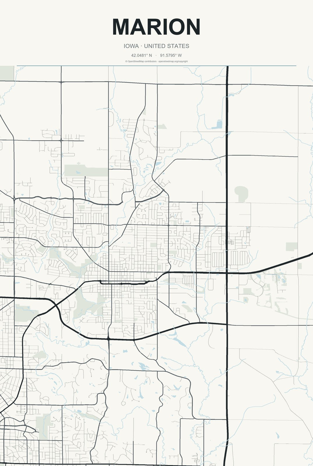 Marion, Iowa City Map Aluminum Sign in Headline Atlas style