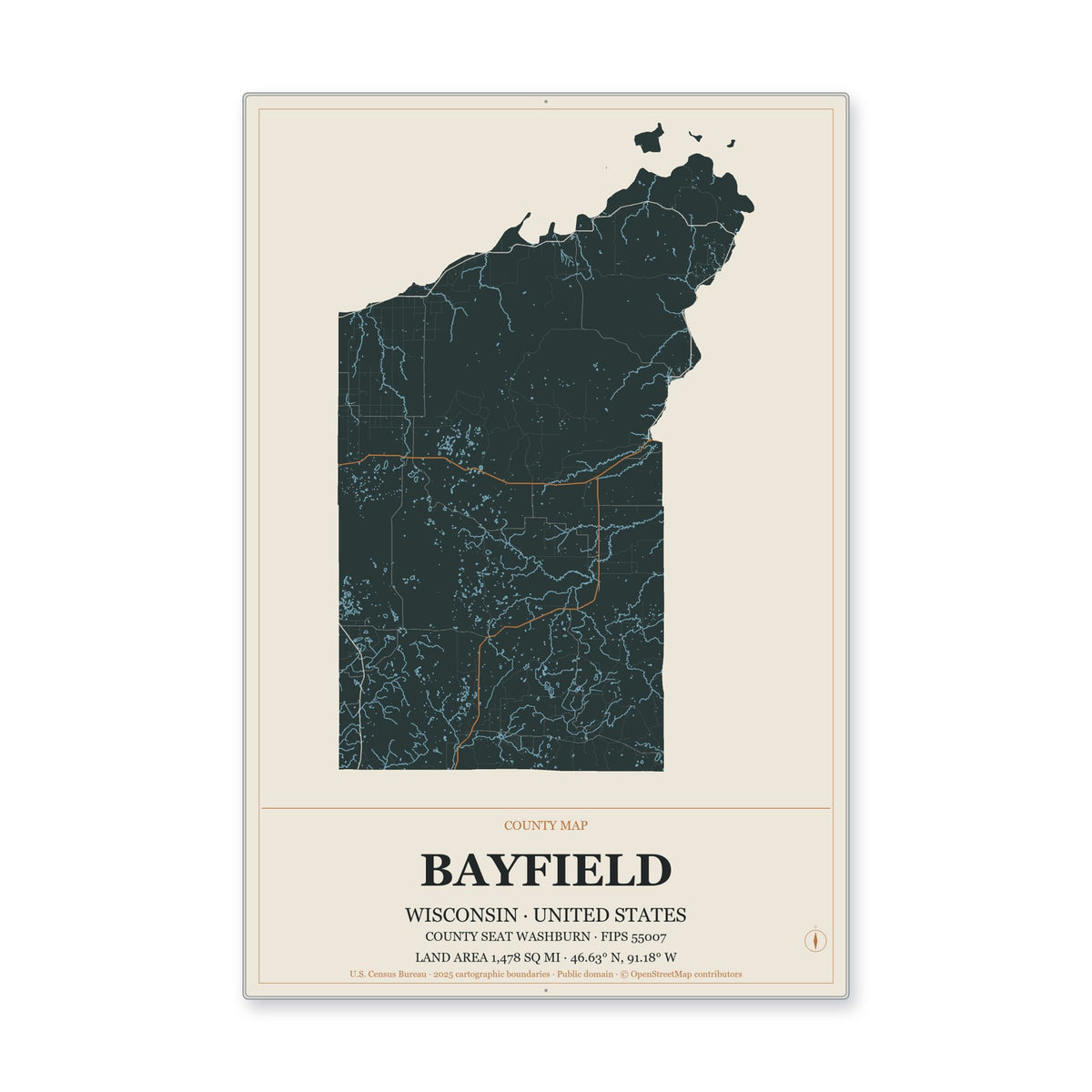 Bayfield County, Wisconsin Map Aluminum Sign in Headline Atlas style