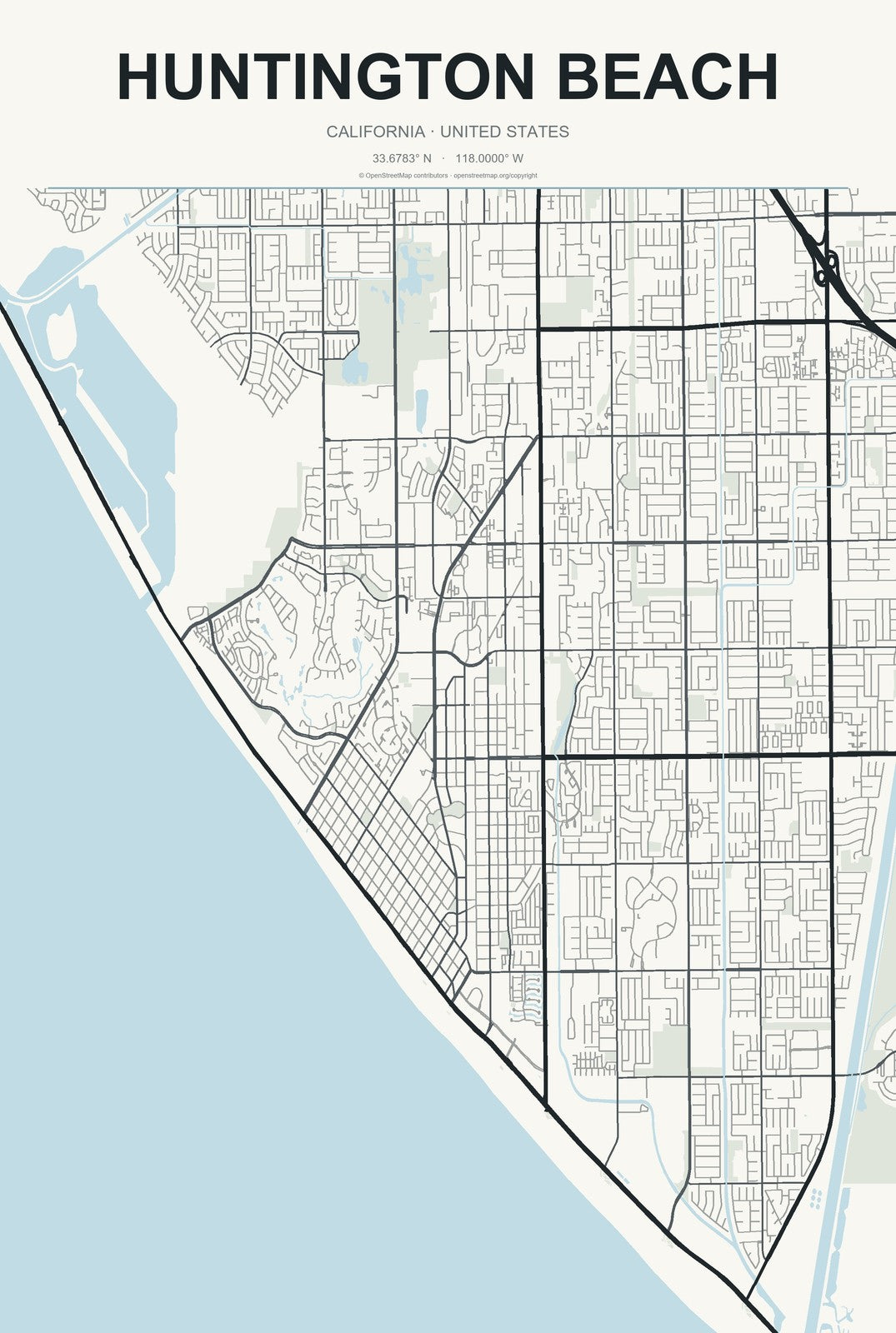 Huntington Beach, California City Map Aluminum Sign in Headline Atlas style