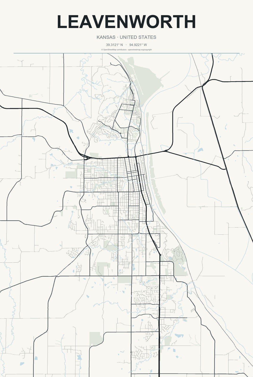 Leavenworth, Kansas City Map Aluminum Sign in Headline Atlas style