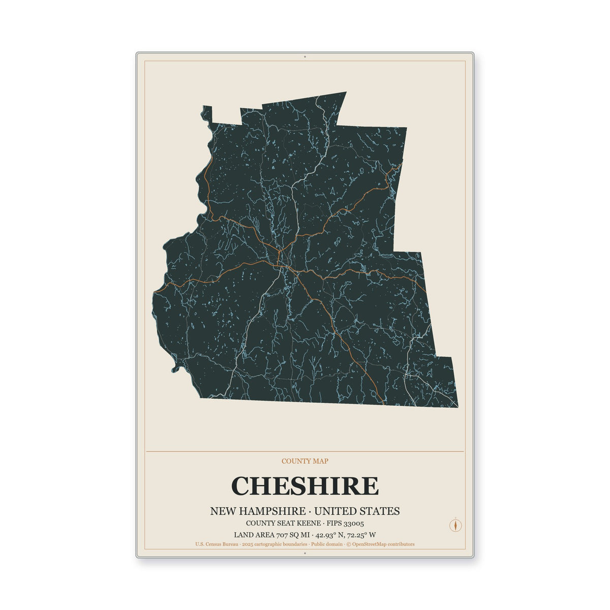 Cheshire County, New Hampshire Map Aluminum Sign in Headline Atlas style