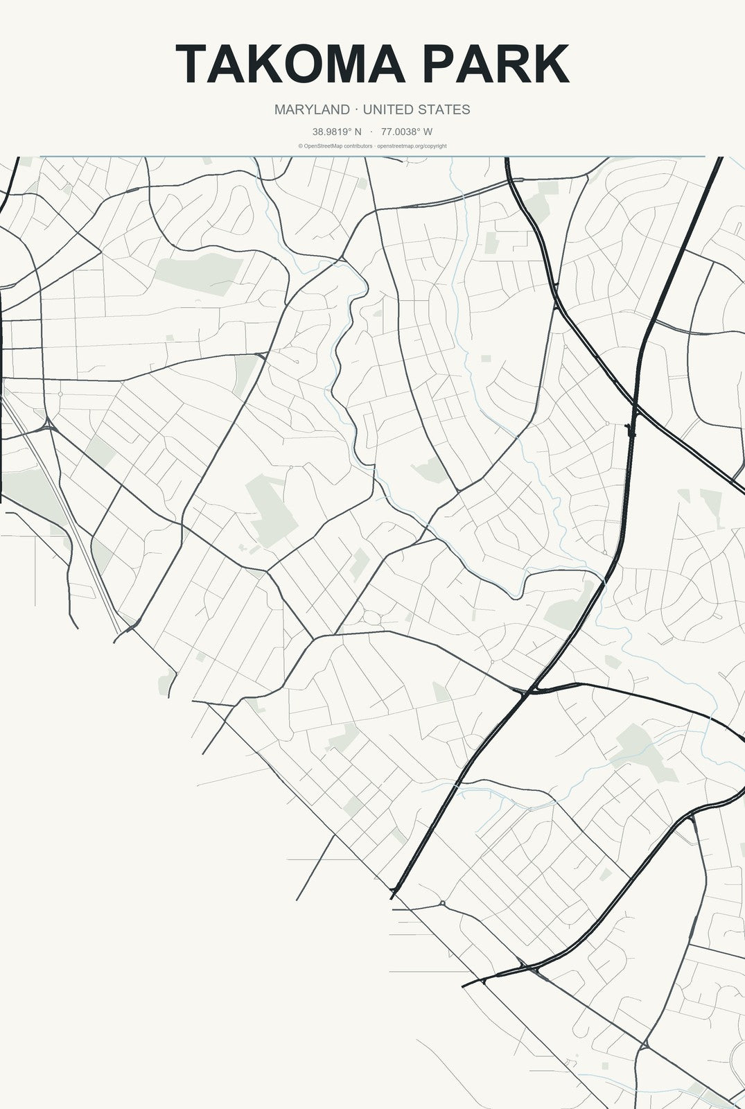 Takoma Park, Maryland City Map Aluminum Sign in Headline Atlas style