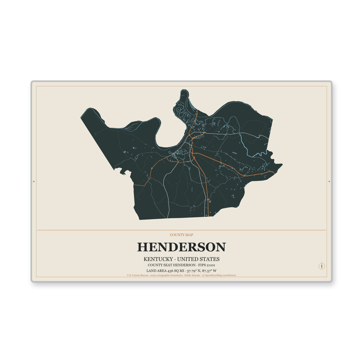 Henderson County, Kentucky Map Aluminum Sign in Headline Atlas style