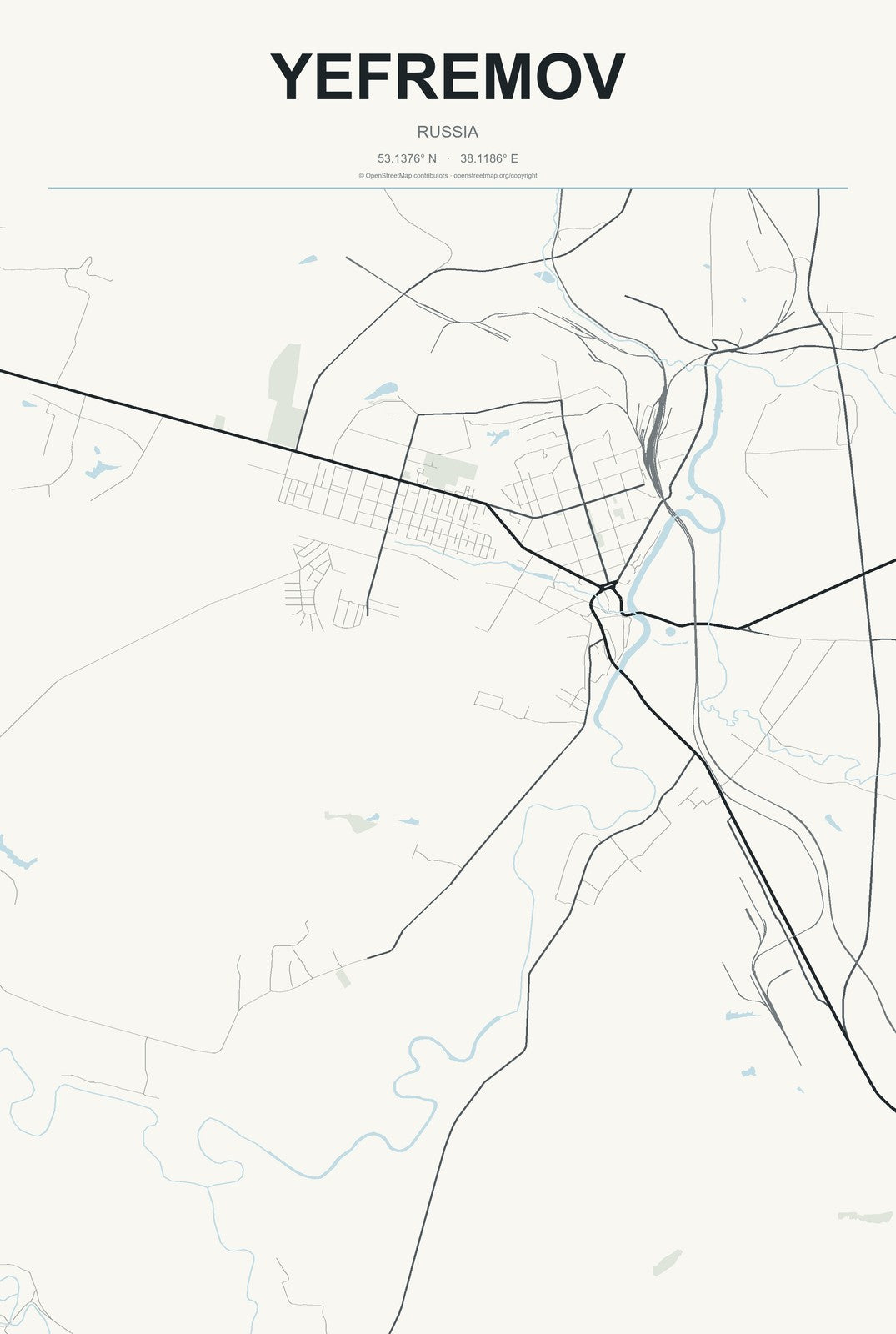 Yefremov, Russia City Map Aluminum Sign in Headline Atlas style