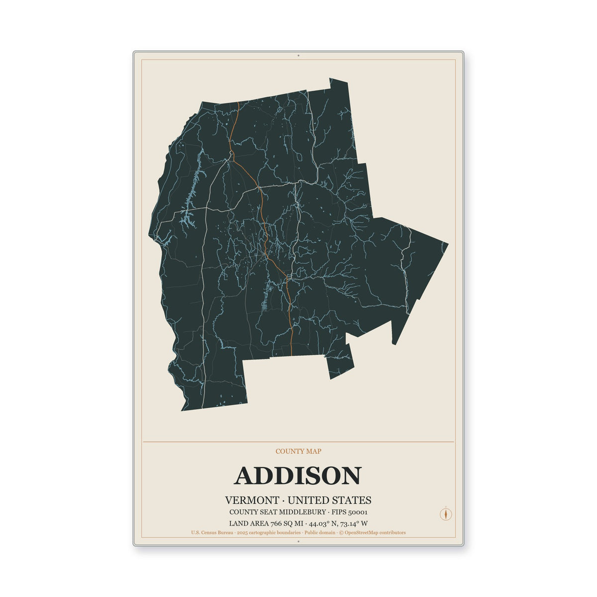 Addison County, Vermont Map Aluminum Sign in Headline Atlas style