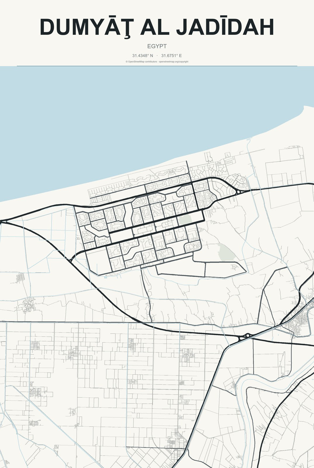 Dumyāţ al Jadīdah, Egypt City Map Aluminum Sign in Headline Atlas style