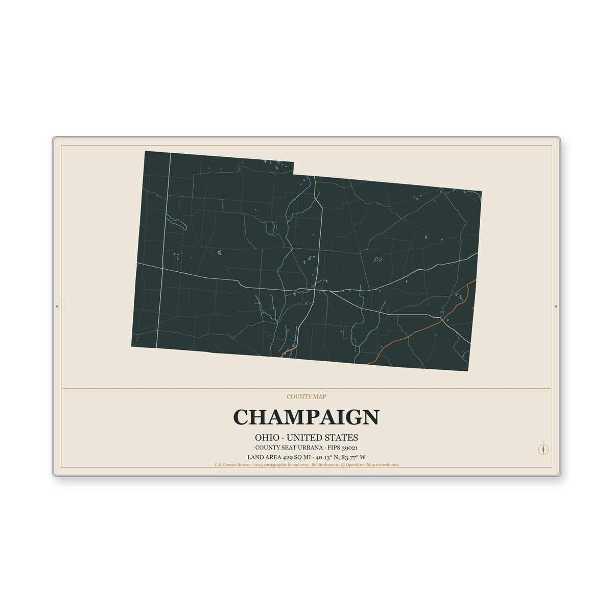 Champaign County, Ohio Map Aluminum Sign in Headline Atlas style