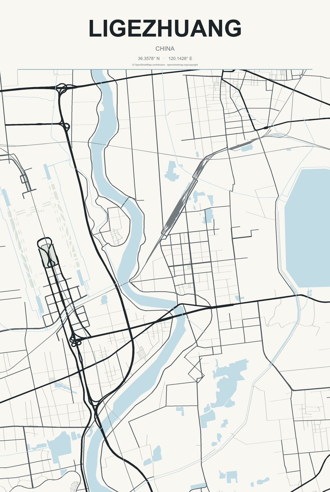 Ligezhuang, China City Map Aluminum Sign in Headline Atlas style