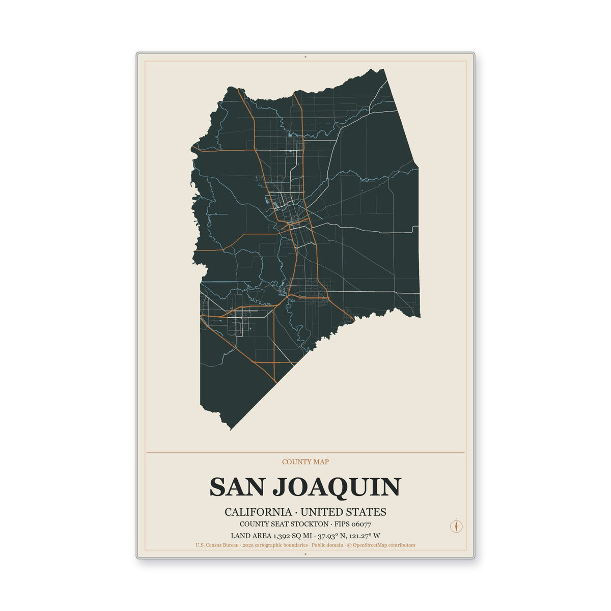 San Joaquin County, California Map Aluminum Sign in Headline Atlas style