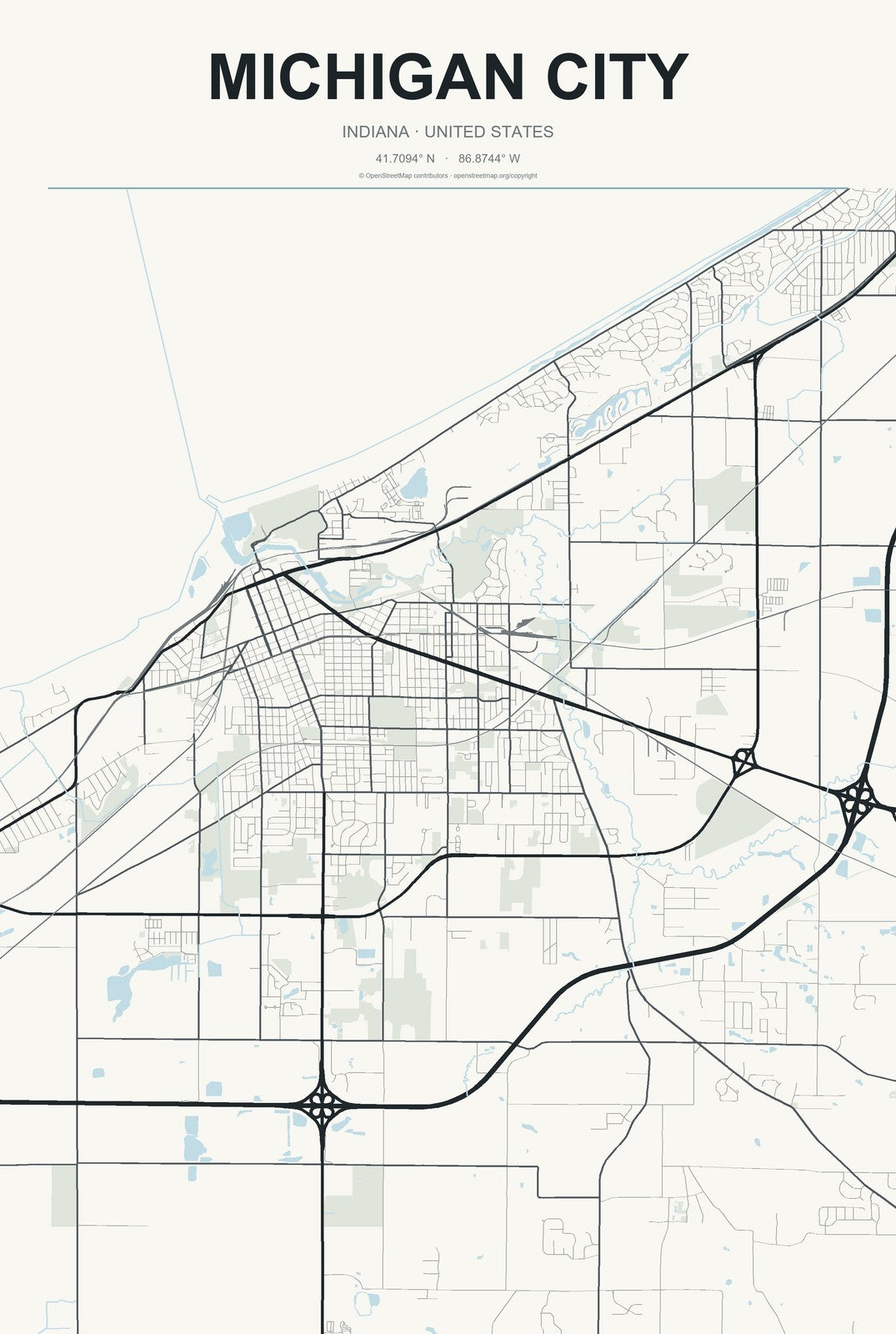 Michigan City, Indiana City Map Aluminum Sign in Headline Atlas style
