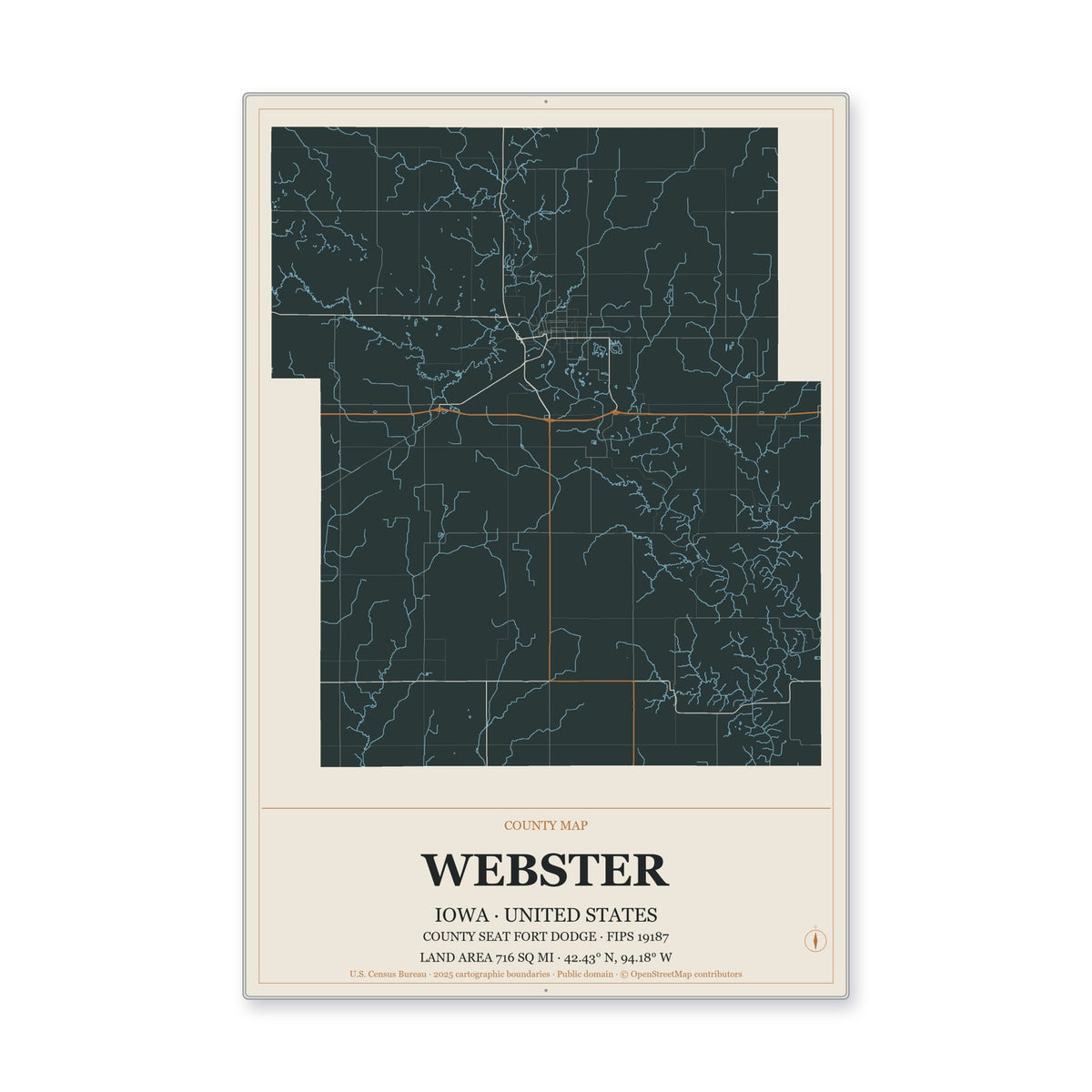 Webster County, Iowa Map Aluminum Sign in Headline Atlas style
