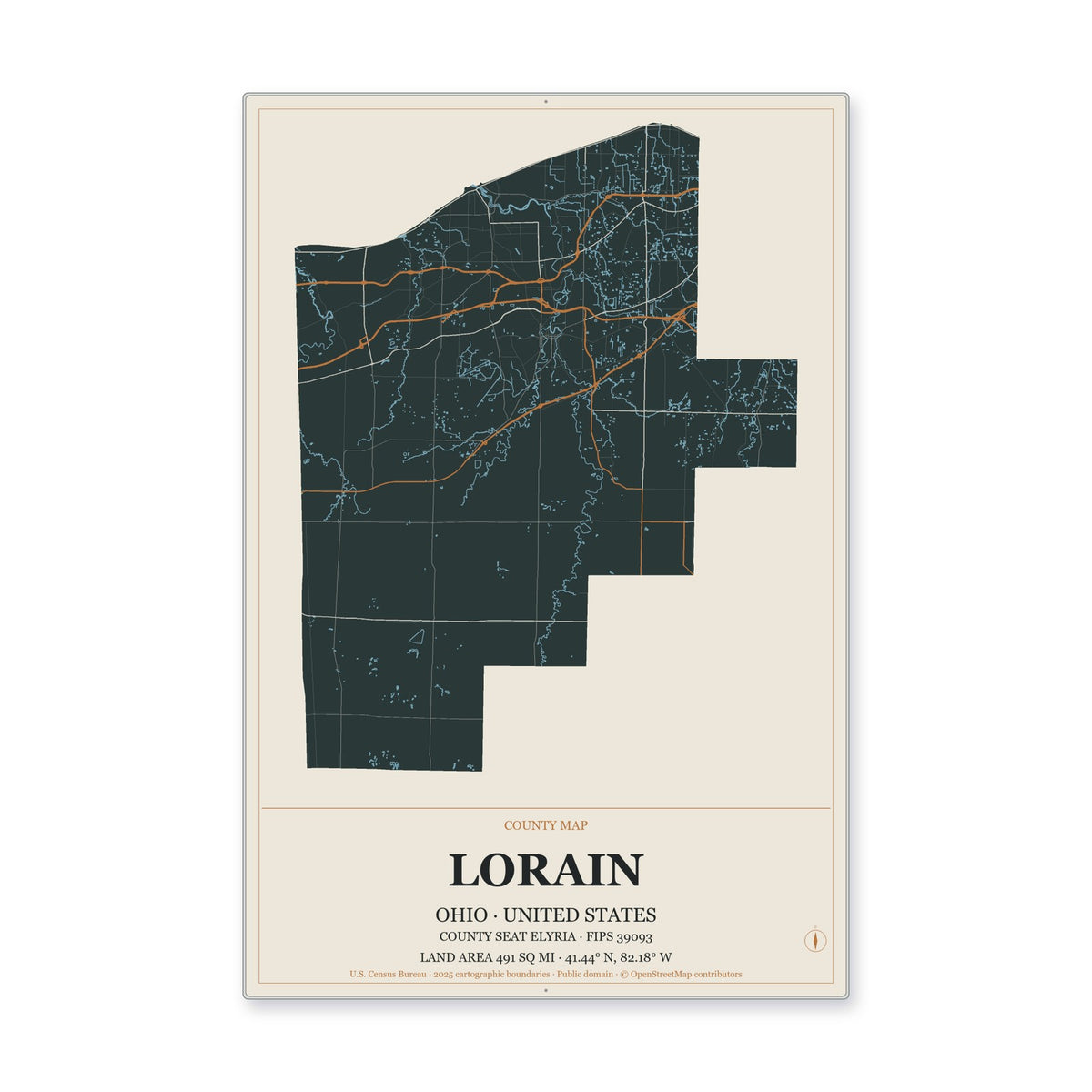 Lorain County, Ohio Map Aluminum Sign in Headline Atlas style