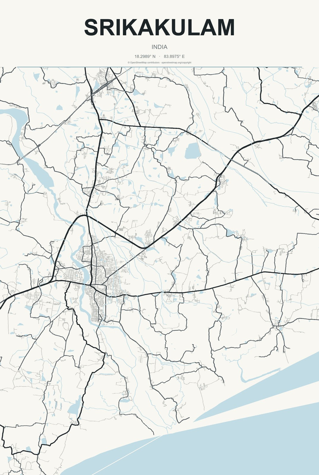 Srikakulam, India City Map Aluminum Sign in Headline Atlas style