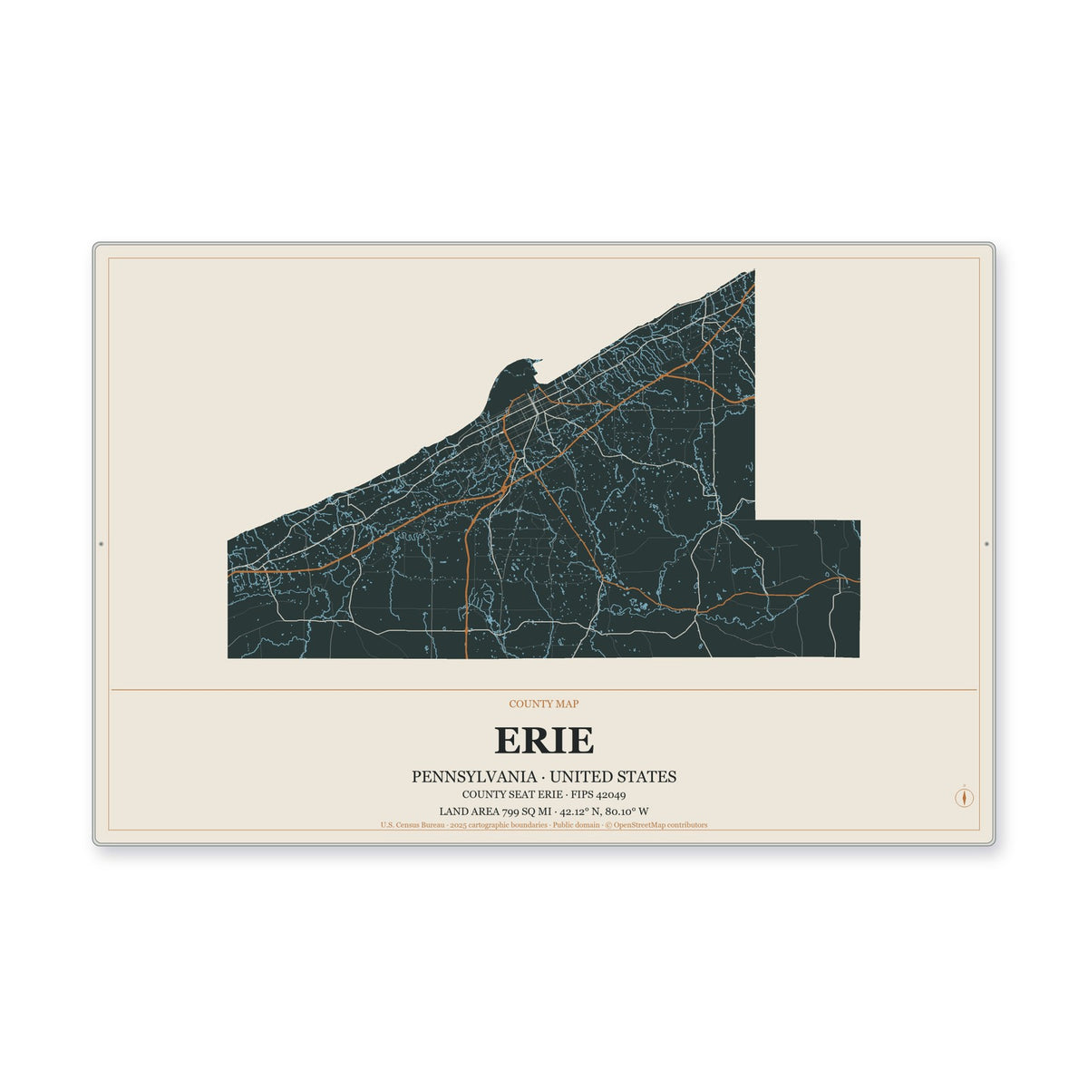 Erie County, Pennsylvania Map Aluminum Sign in Headline Atlas style
