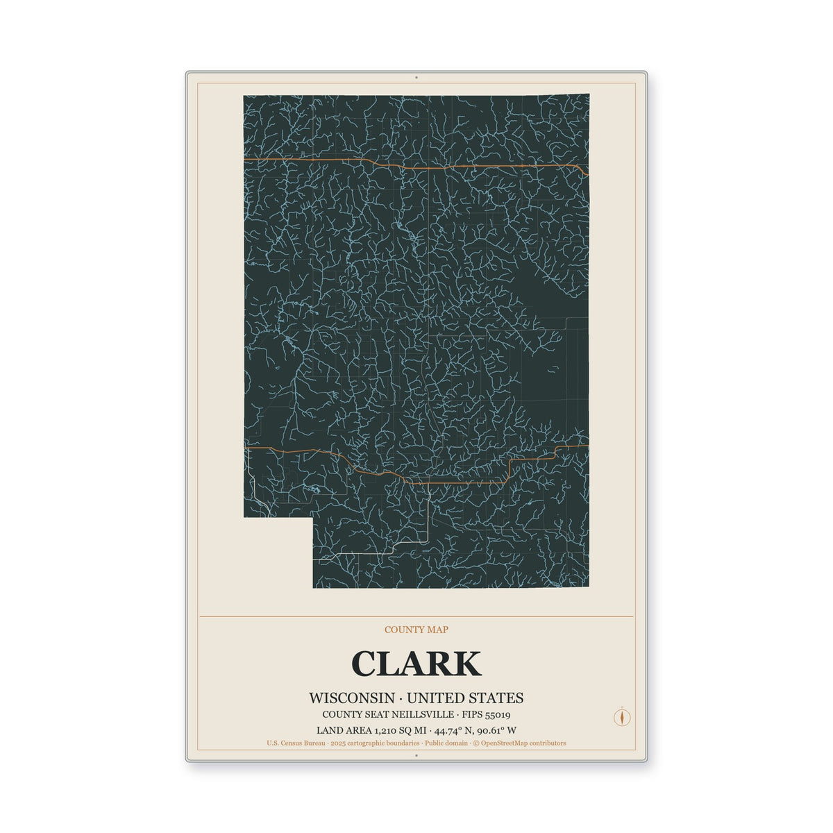 Clark County, Wisconsin Map Aluminum Sign in Headline Atlas style
