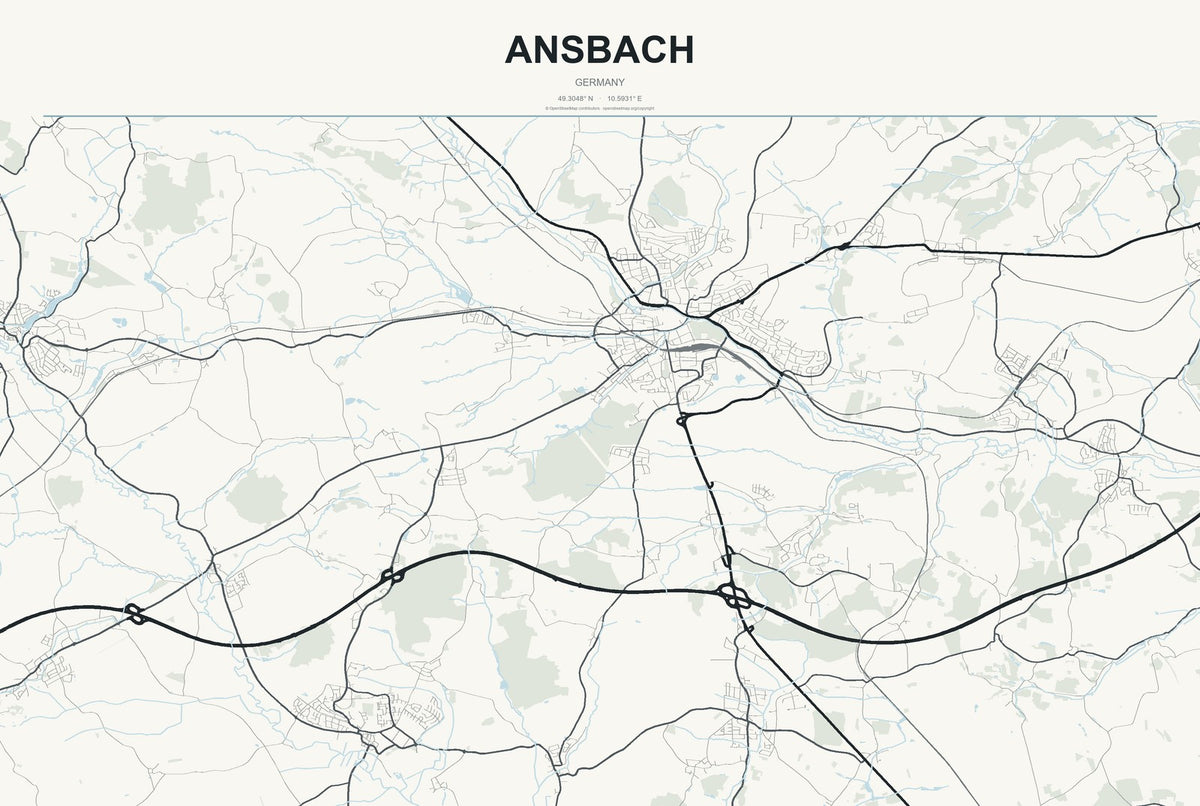 Ansbach, Germany City Map Aluminum Sign in Headline Atlas style