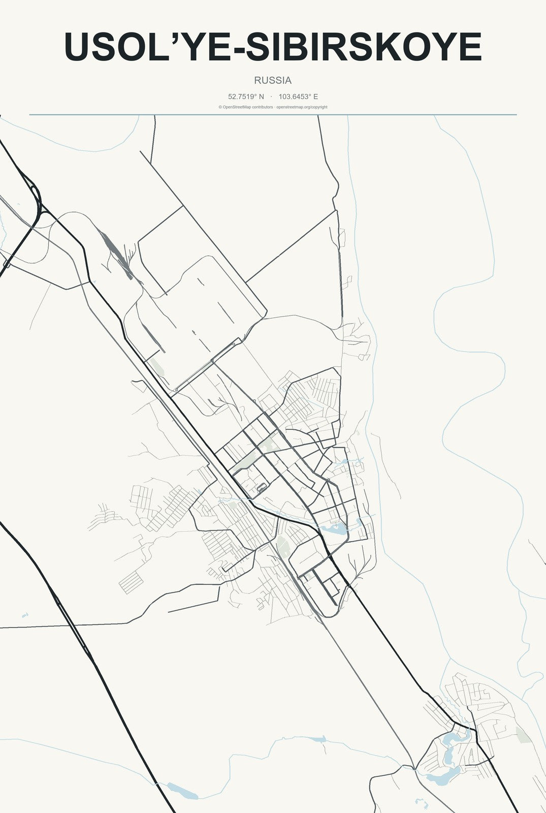 Usol’ye-Sibirskoye, Russia City Map Aluminum Sign in Headline Atlas style