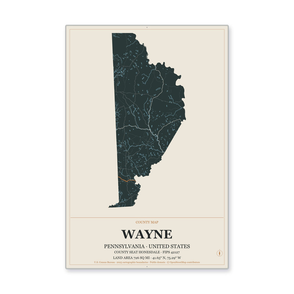 Wayne County, Pennsylvania Map Aluminum Sign in Headline Atlas style
