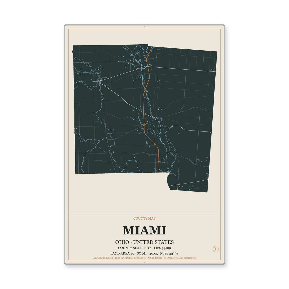 Miami County, Ohio Map Aluminum Sign in Headline Atlas style