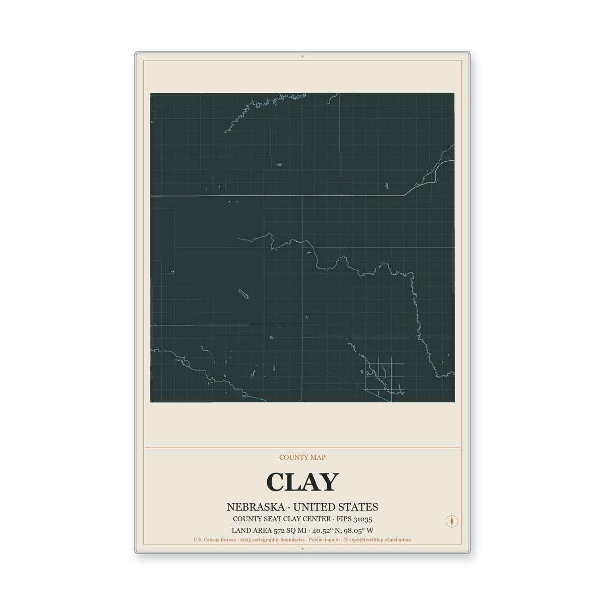 Clay County, Nebraska Map Aluminum Sign in Headline Atlas style