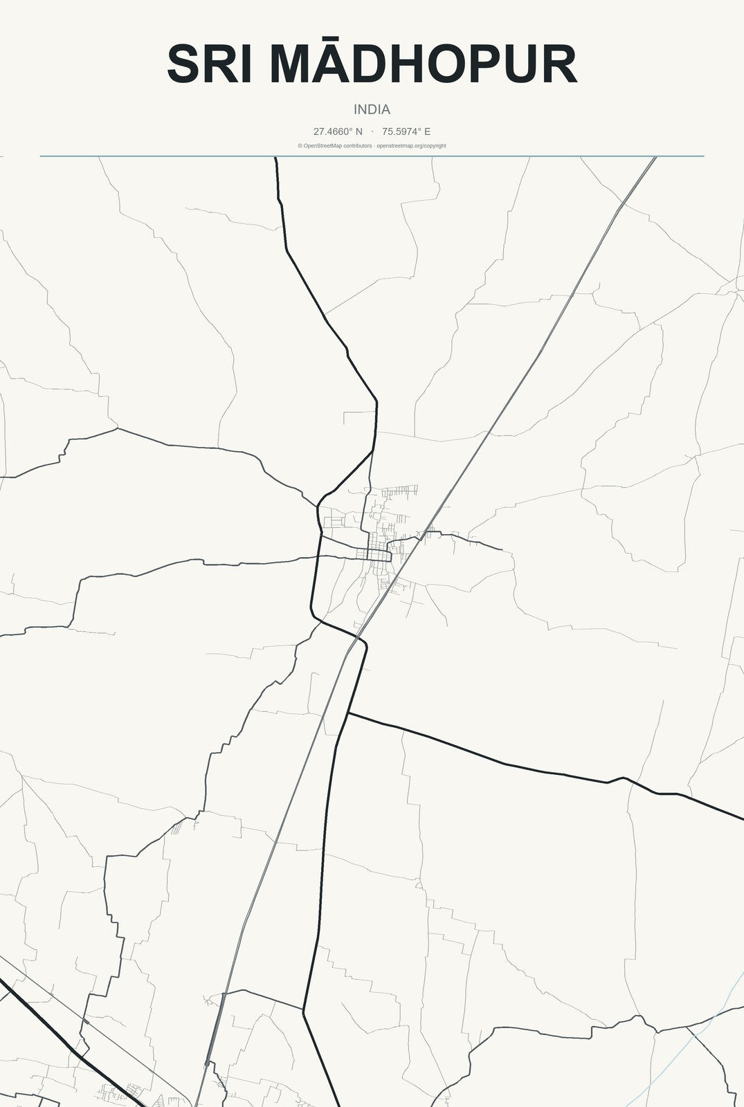 Sri Mādhopur, India City Map Aluminum Sign in Headline Atlas style
