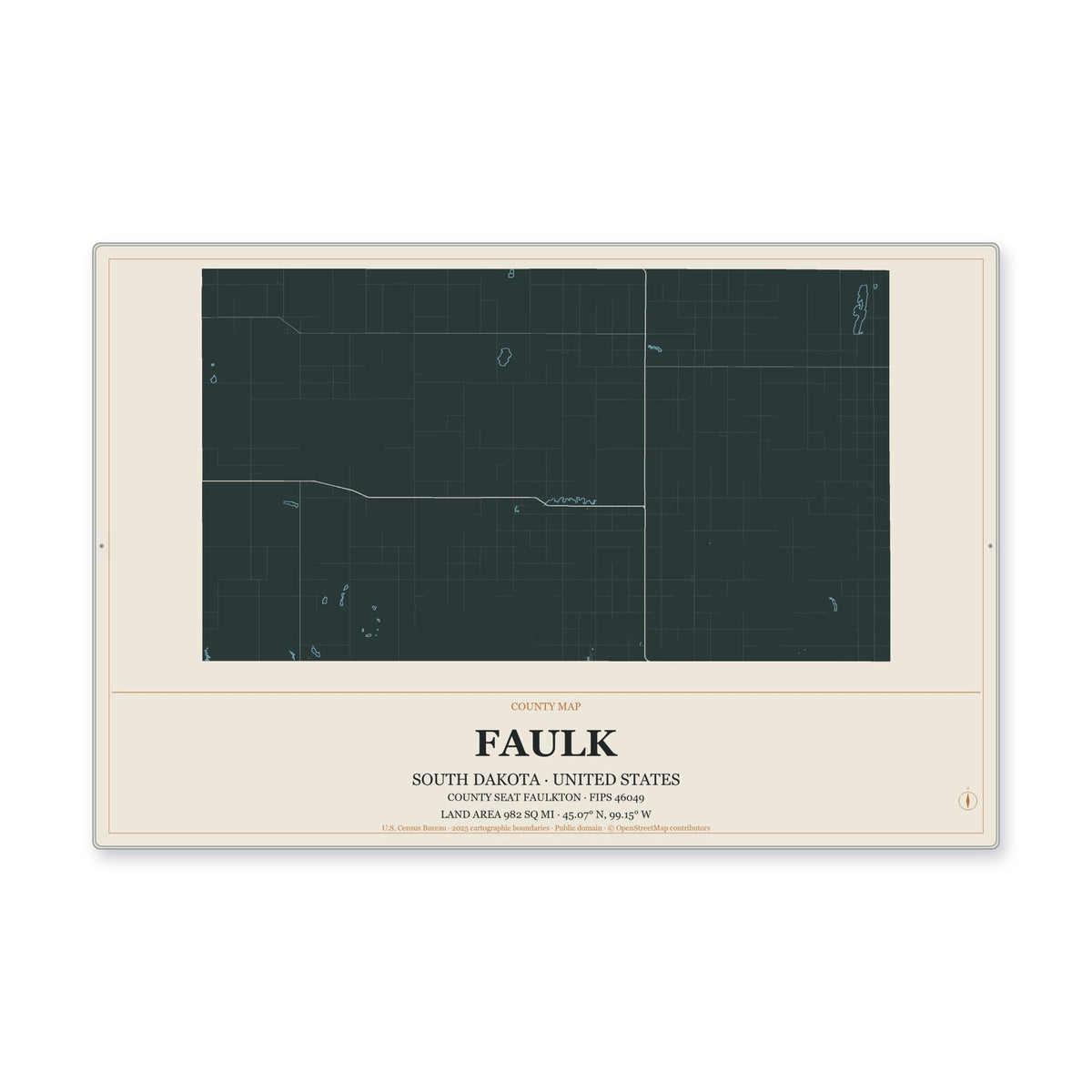 Faulk County, South Dakota Map Aluminum Sign in Headline Atlas style