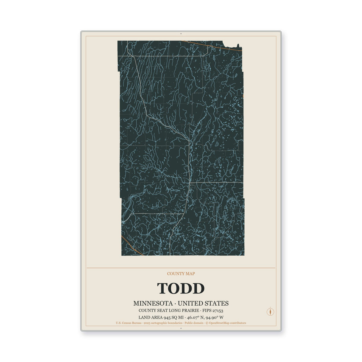 Todd County, Minnesota Map Aluminum Sign in Headline Atlas style