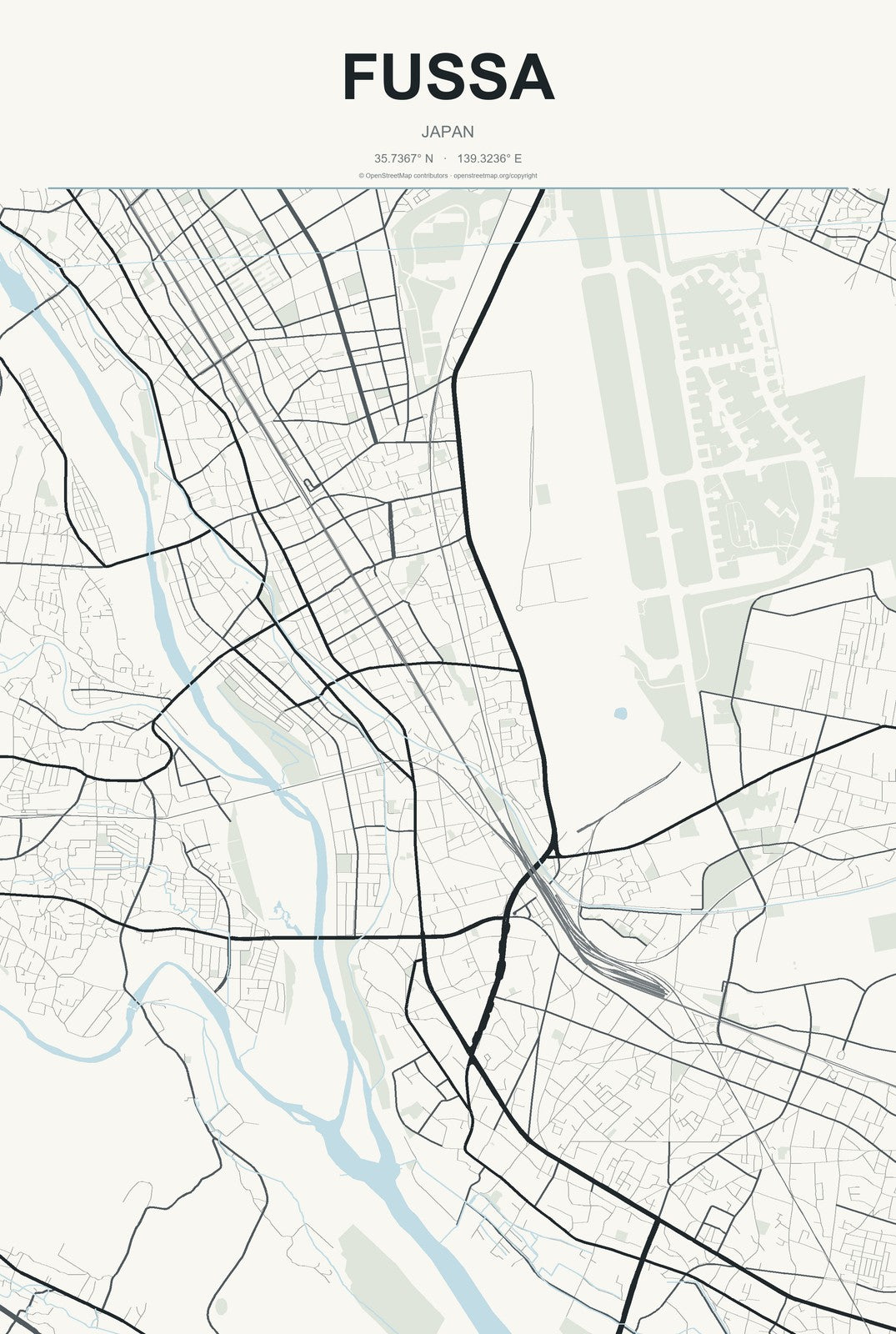 Fussa, Japan City Map Aluminum Sign in Headline Atlas style