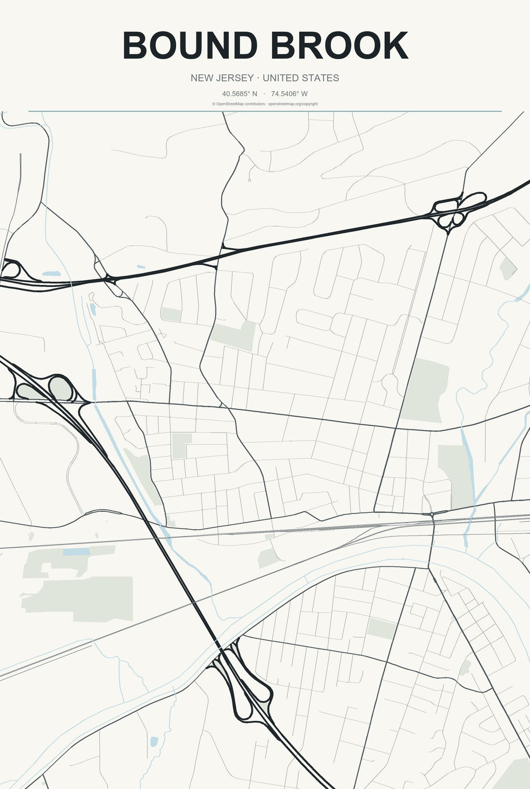 Bound Brook, New Jersey City Map Aluminum Sign in Headline Atlas style