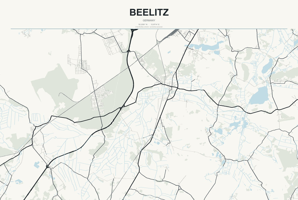 Beelitz, Germany City Map Aluminum Sign in Headline Atlas style