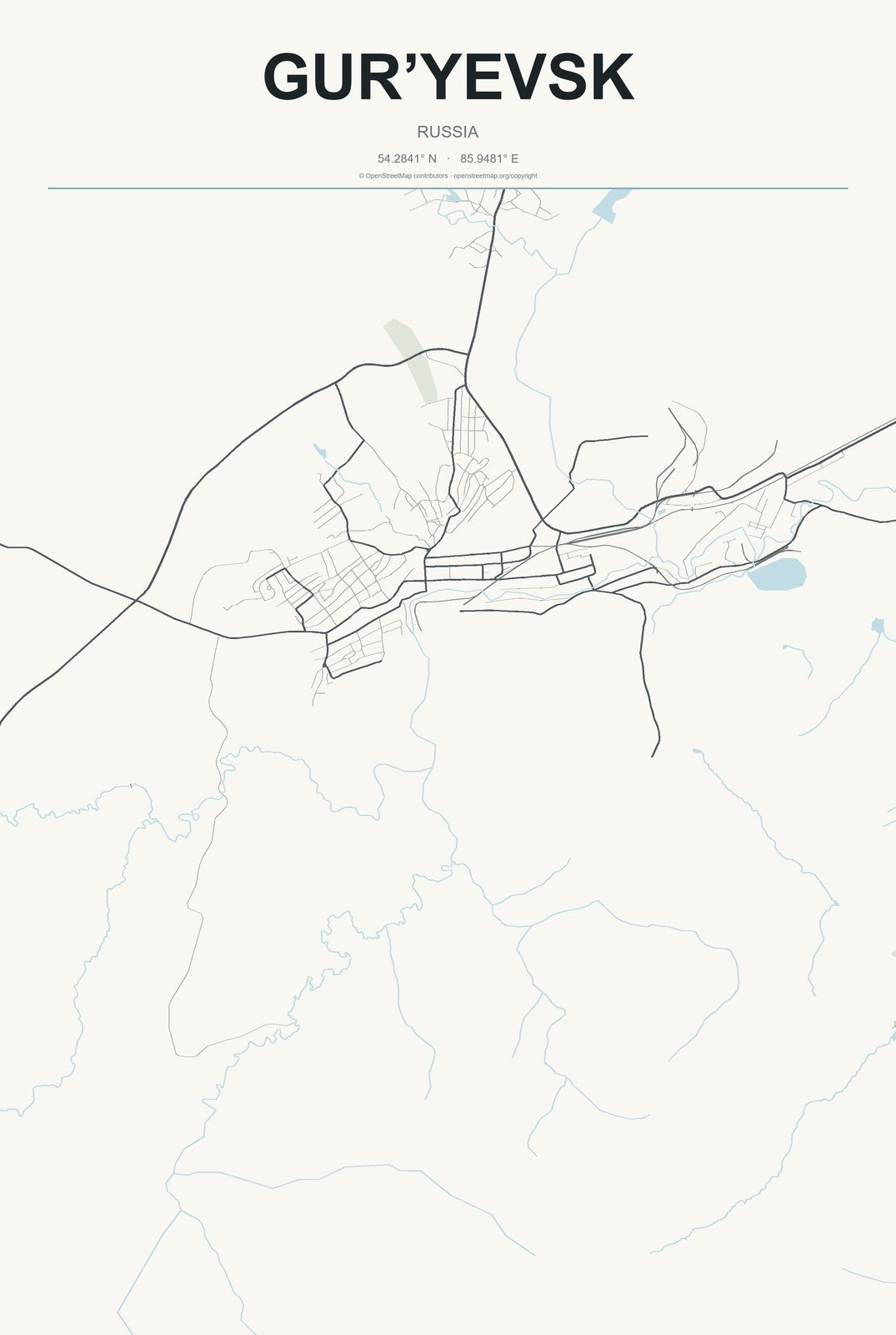 Gur’yevsk, Kuzbass, Russia City Map Aluminum Sign in Headline Atlas style