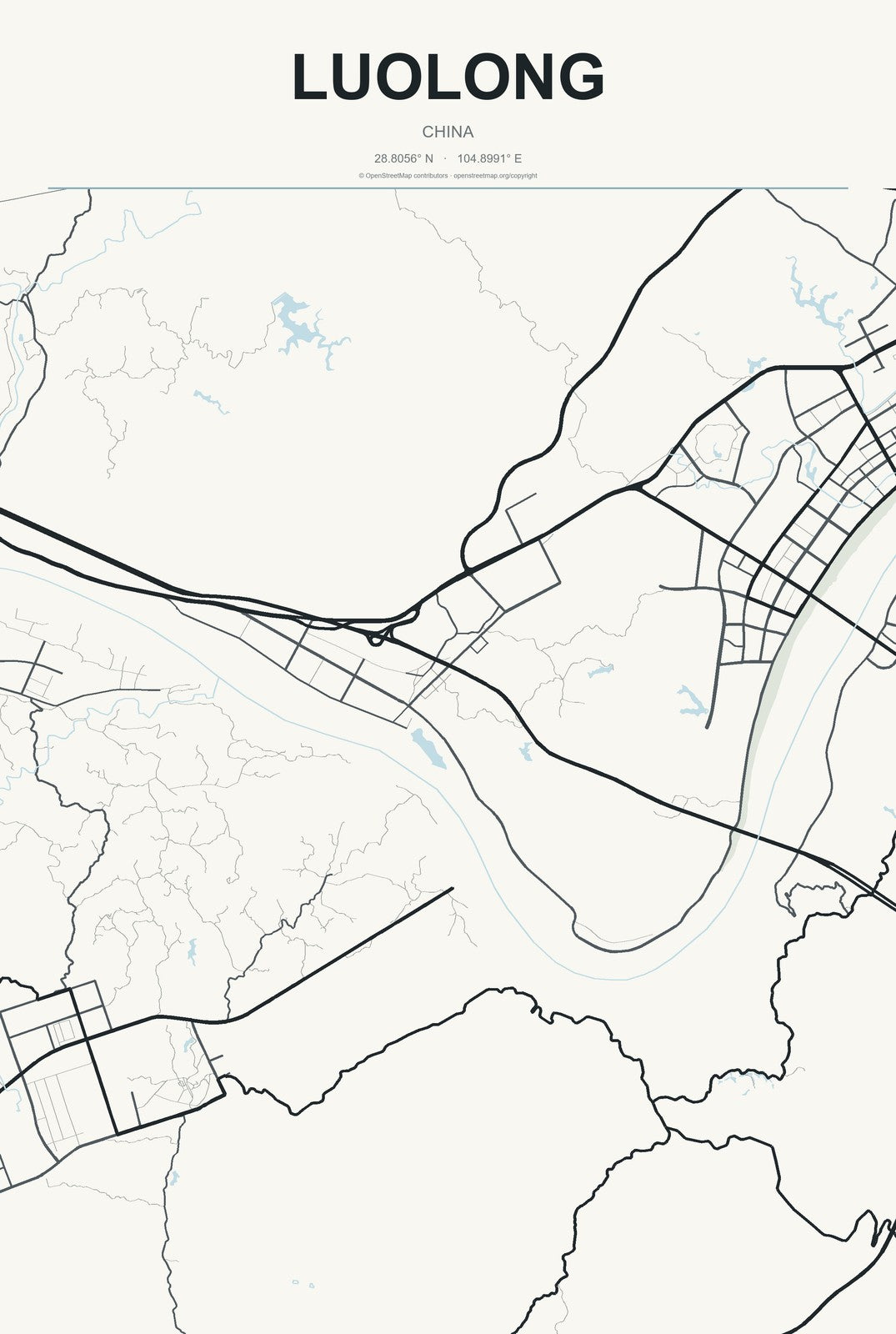 Luolong, China City Map Aluminum Sign in Headline Atlas style