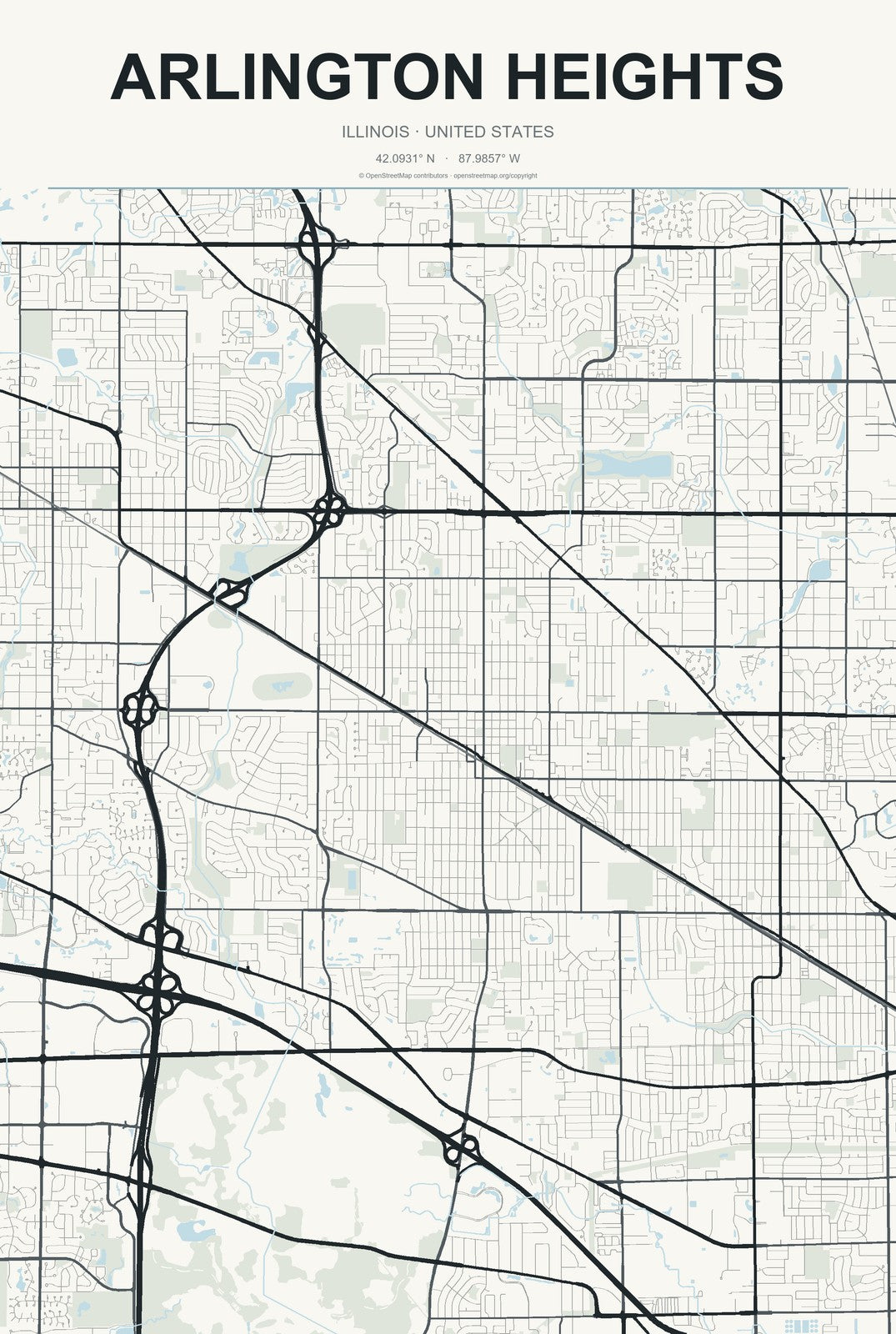 Arlington Heights, Illinois City Map Aluminum Sign in Headline Atlas style
