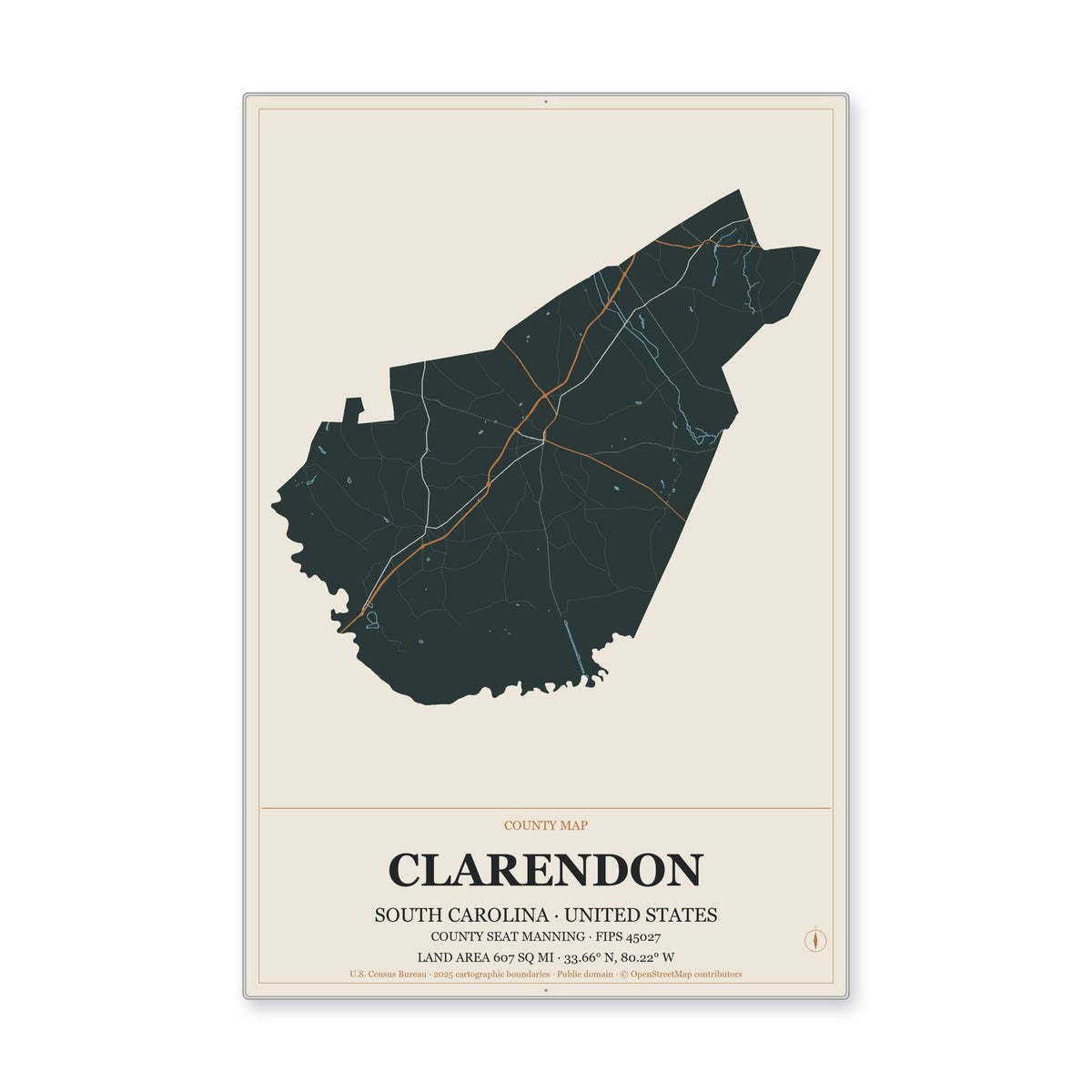 Clarendon County, South Carolina Map Aluminum Sign in Headline Atlas style
