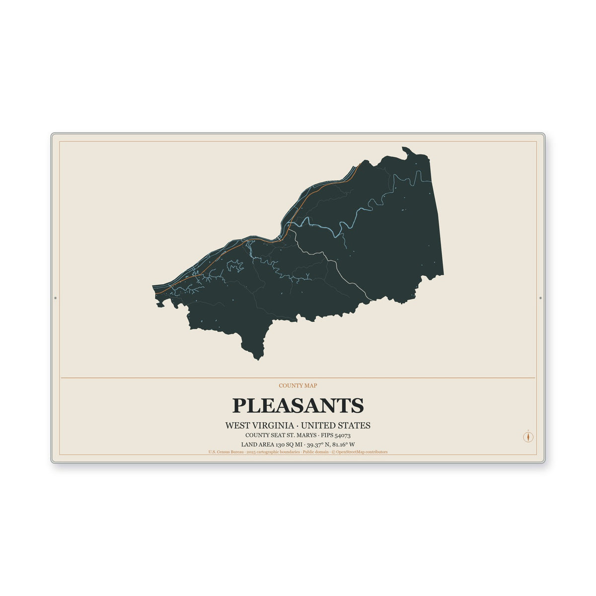 Pleasants County, West Virginia Map Aluminum Sign in Headline Atlas style