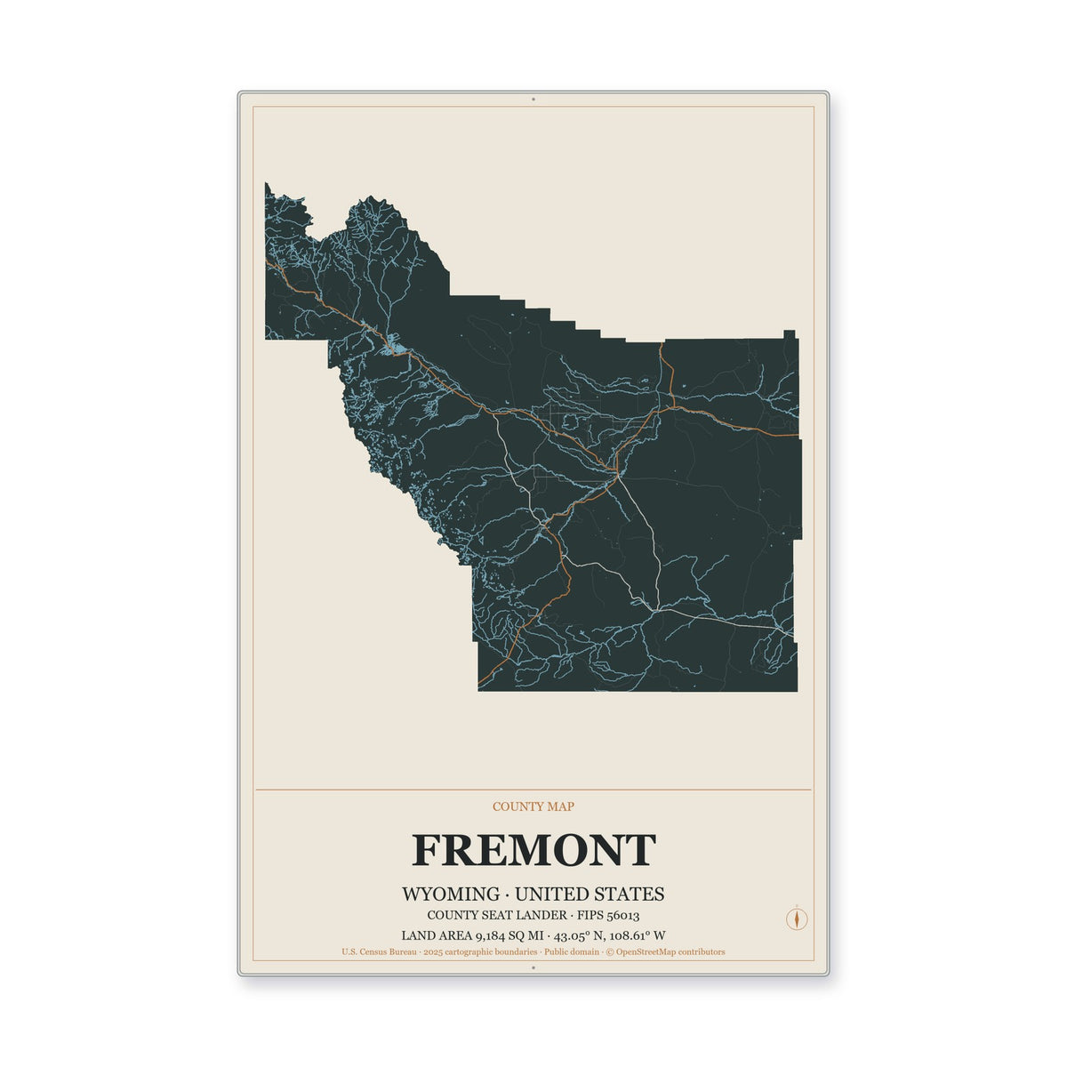 Fremont County, Wyoming Map Aluminum Sign in Headline Atlas style