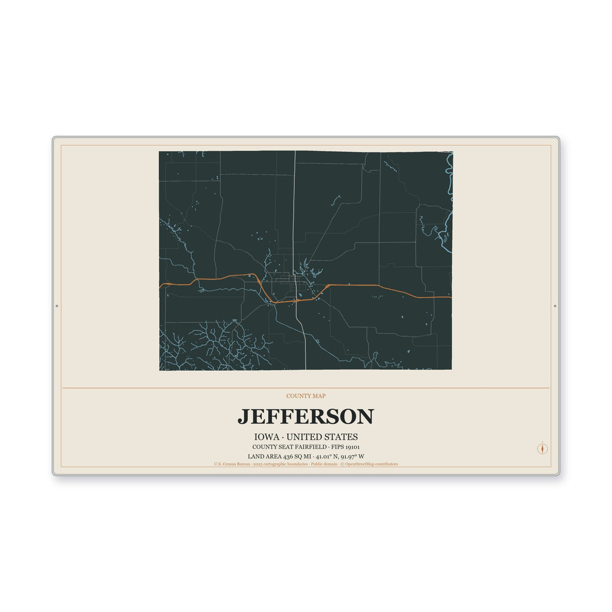 Jefferson County, Iowa Map Aluminum Sign in Headline Atlas style