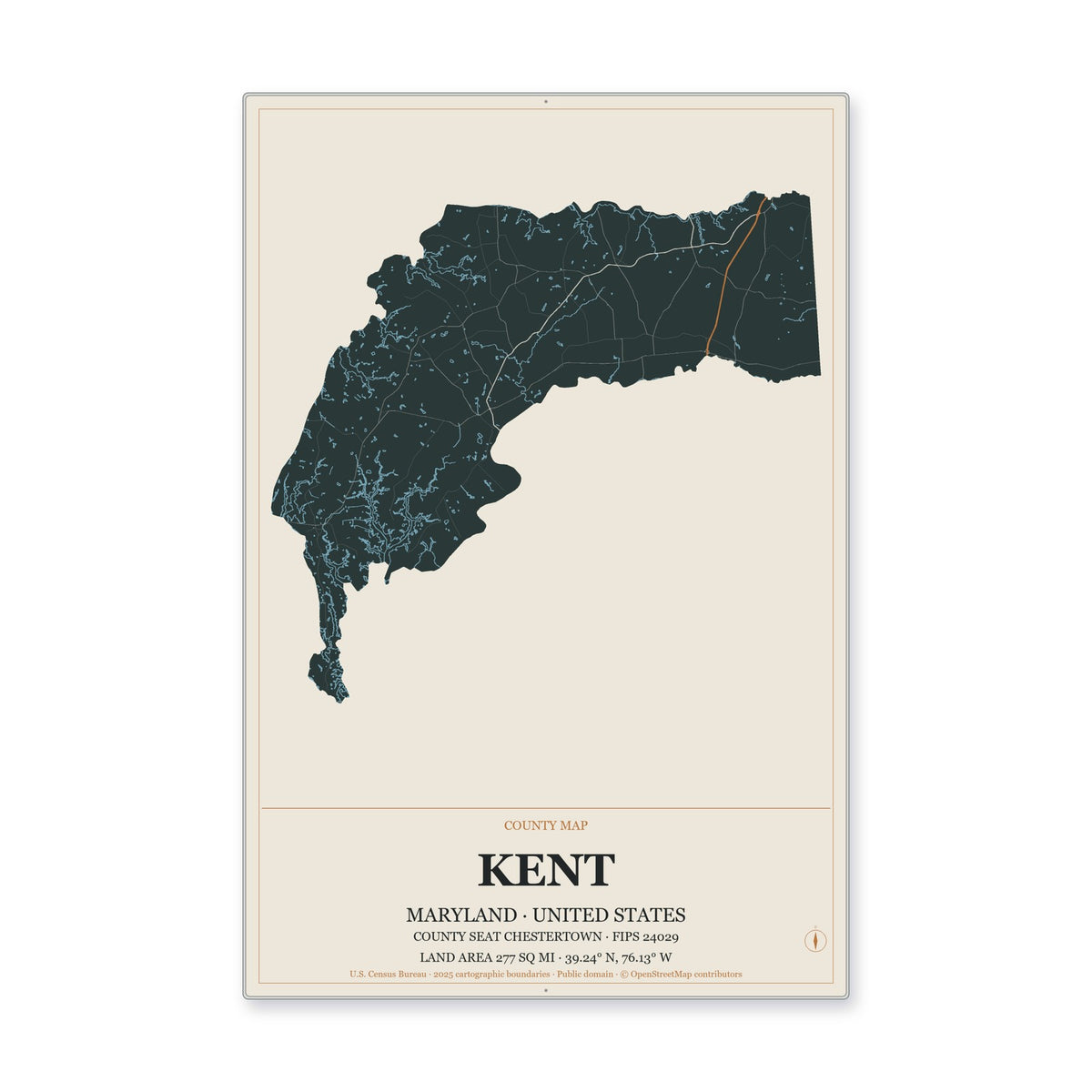Kent County, Maryland Map Aluminum Sign in Headline Atlas style