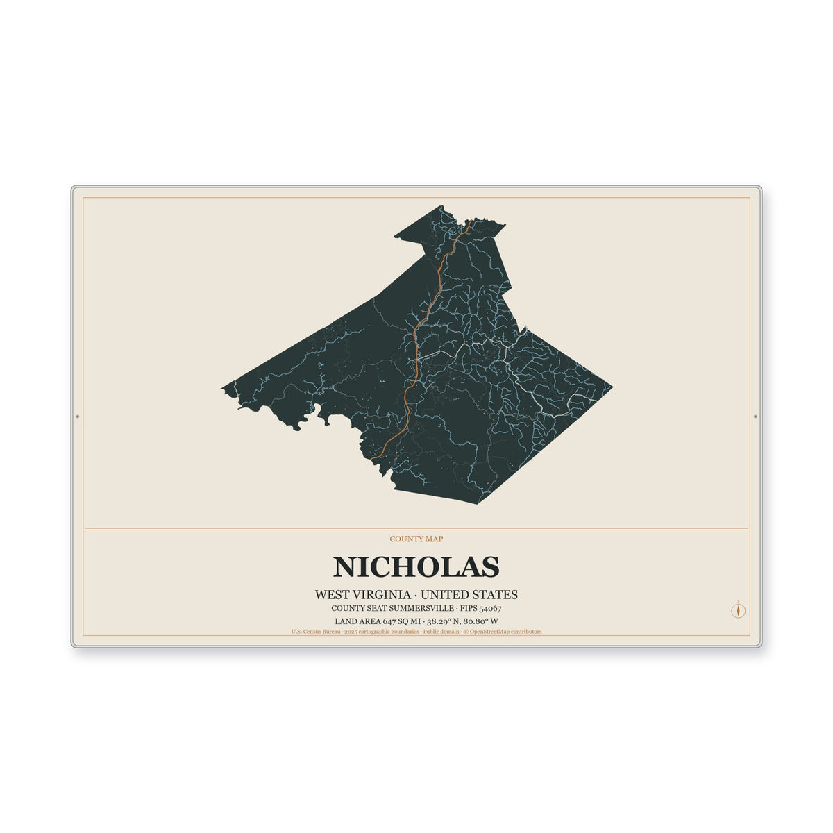 Nicholas County, West Virginia Map Aluminum Sign in Headline Atlas style