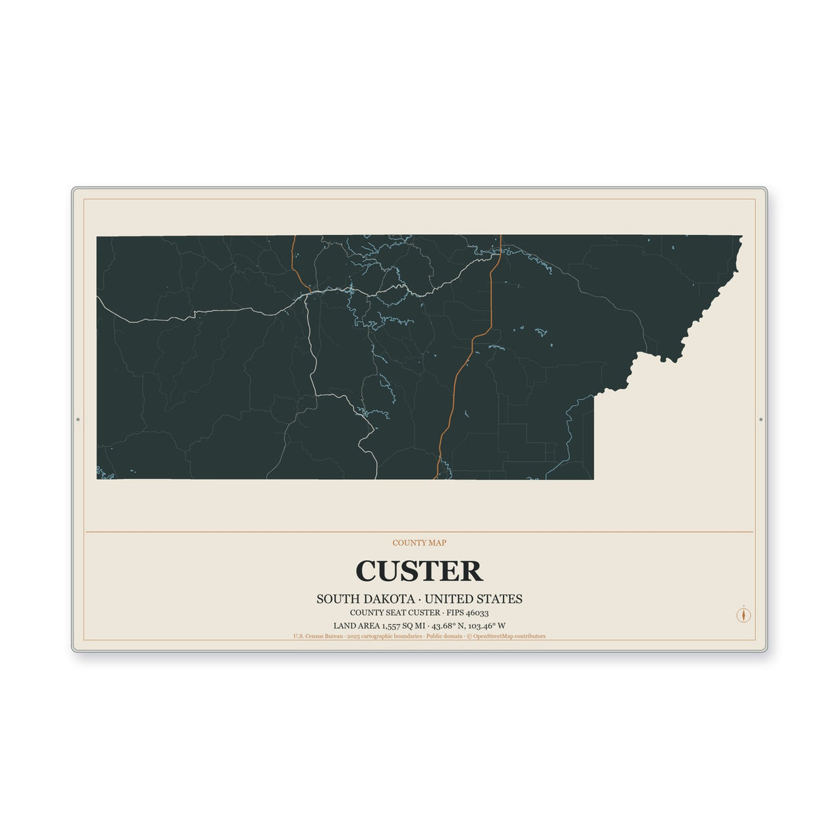Custer County, South Dakota Map Aluminum Sign in Headline Atlas style
