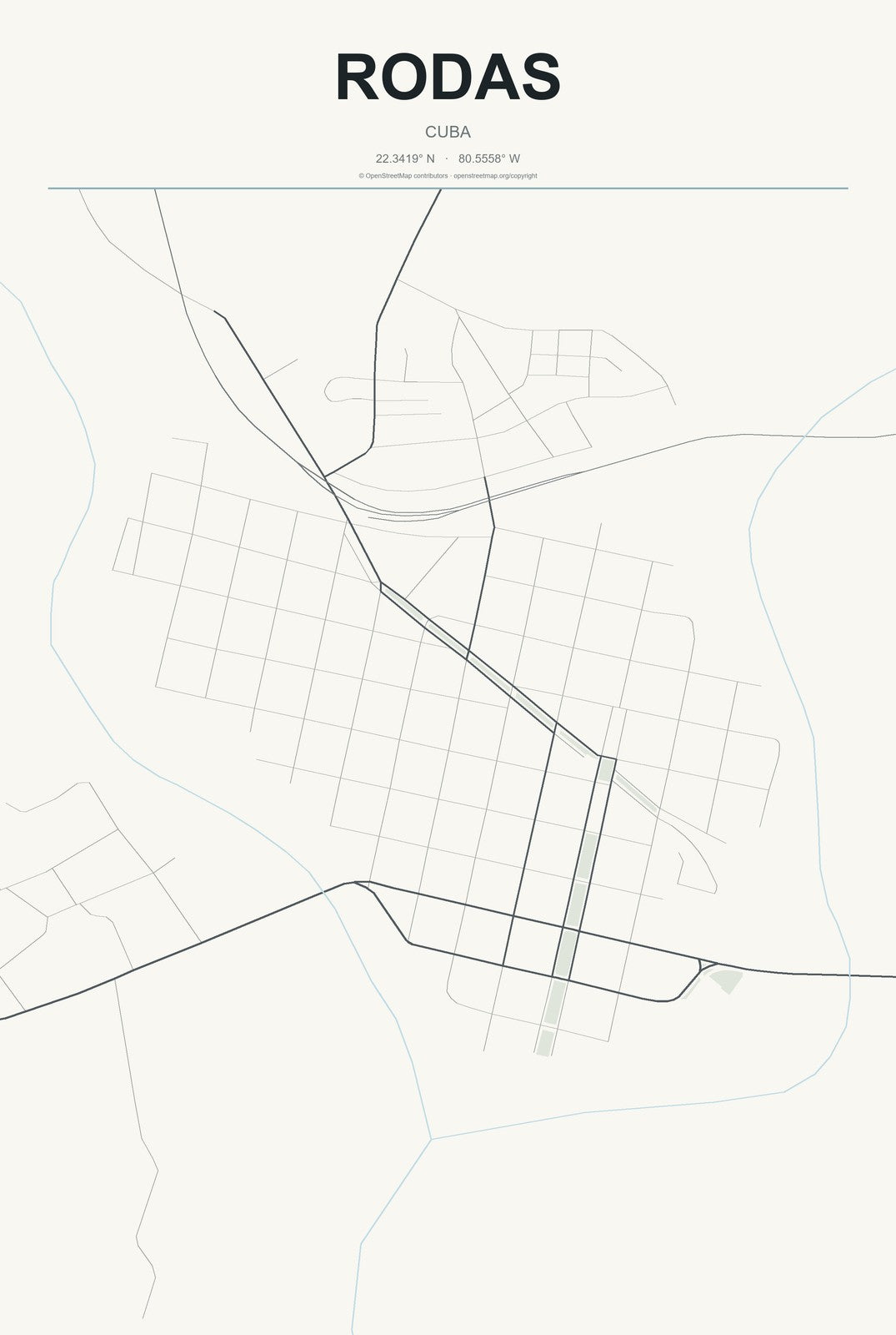 Rodas, Cuba City Map Aluminum Sign in Headline Atlas style