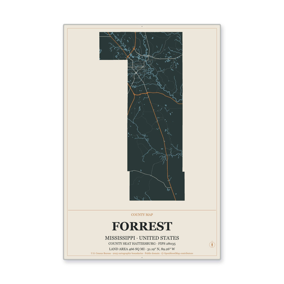 Forrest County, Mississippi Map Aluminum Sign in Headline Atlas style